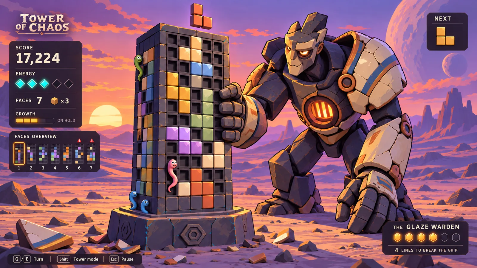 Visual concept of Tower of Chaos: a tower of coloured pieces in a violet desert at sunset, with worms peeking out between the pieces and a stone giant holding it; around it, the score, the energy, the tower’s faces and the next piece