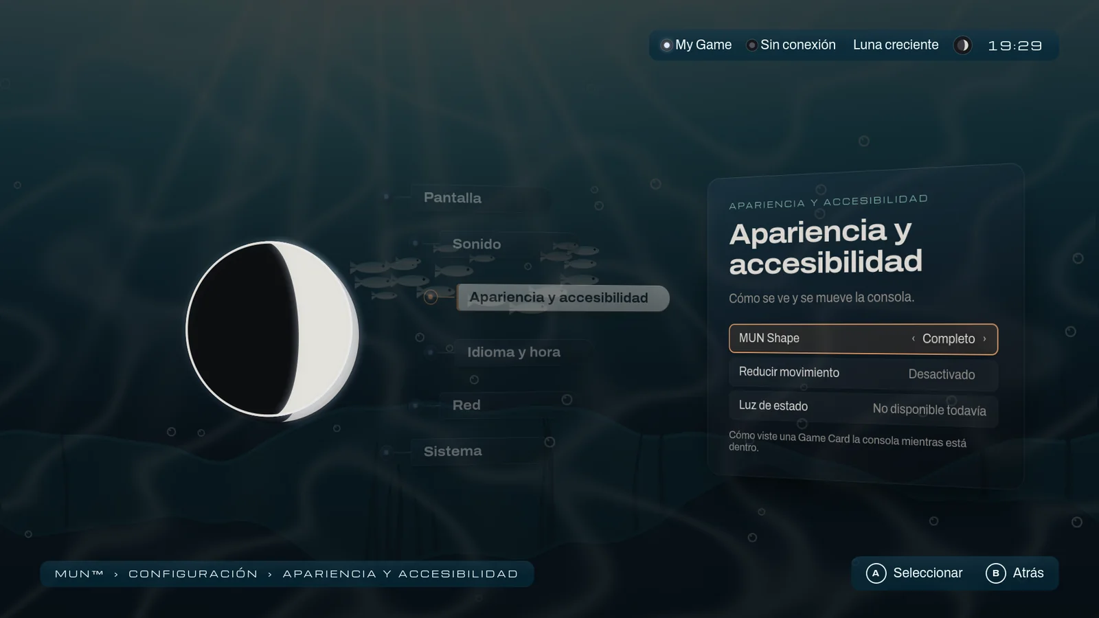 Configuración › Apariencia y accesibilidad con una tarjeta vestida con el ejemplo sea: MUN Shape en Completo, Reducir movimiento desactivado y la luz de estado como no disponible todavía