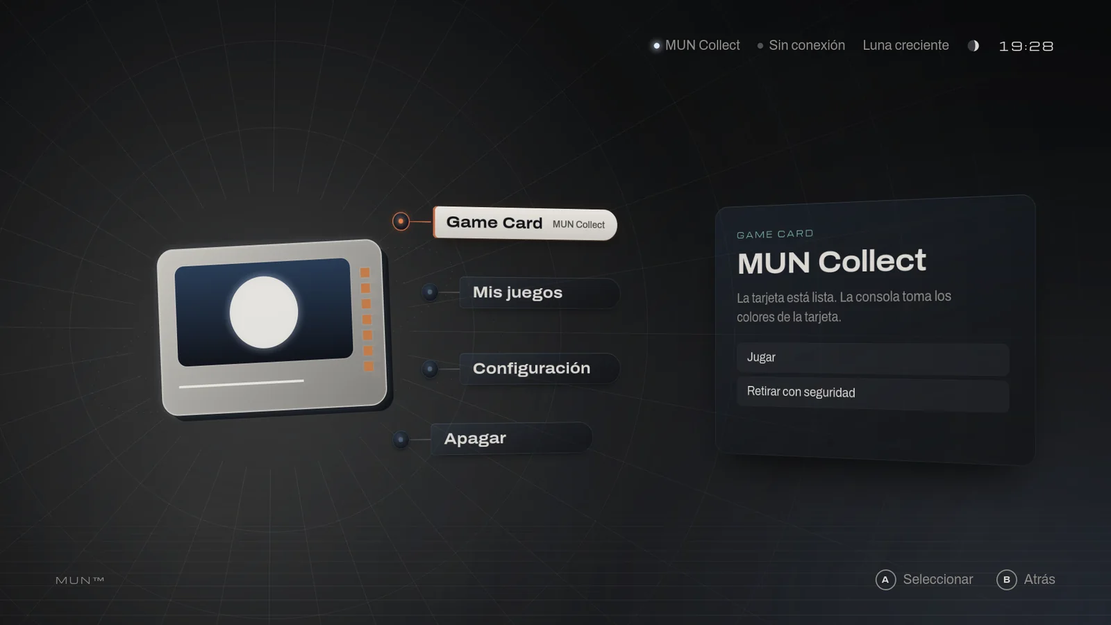 La pantalla principal con MUN Collect en la ranura: la ficha de la Game Card dice que la tarjeta está lista y ofrece Jugar y Retirar con seguridad