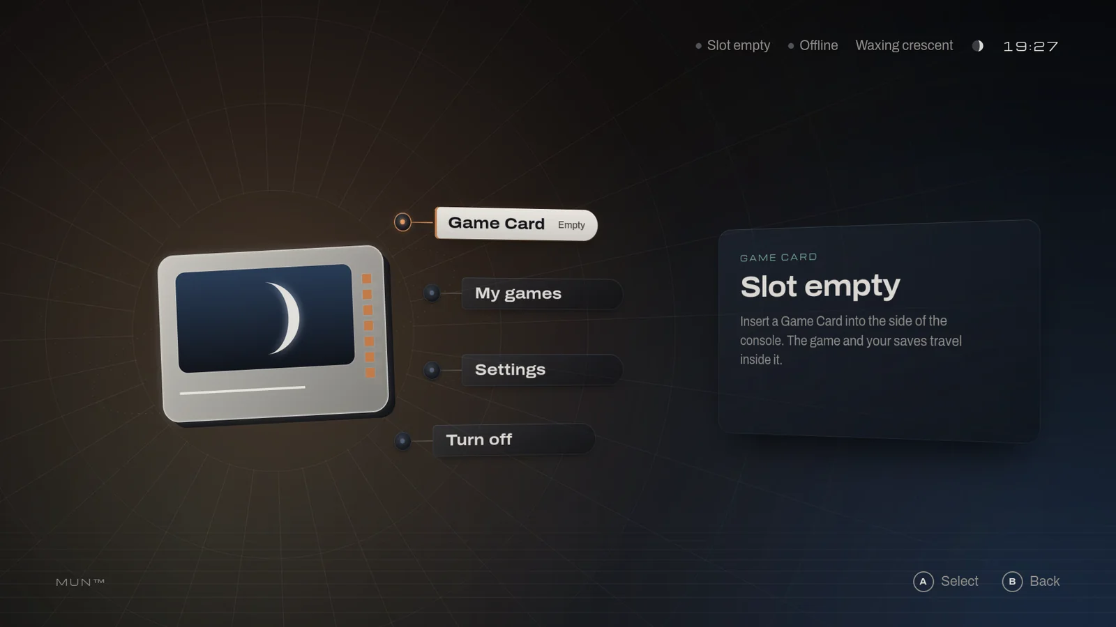 MUN OS’s home screen with no card: Game Card, My games, Settings and Turn off, with the “Slot empty” panel