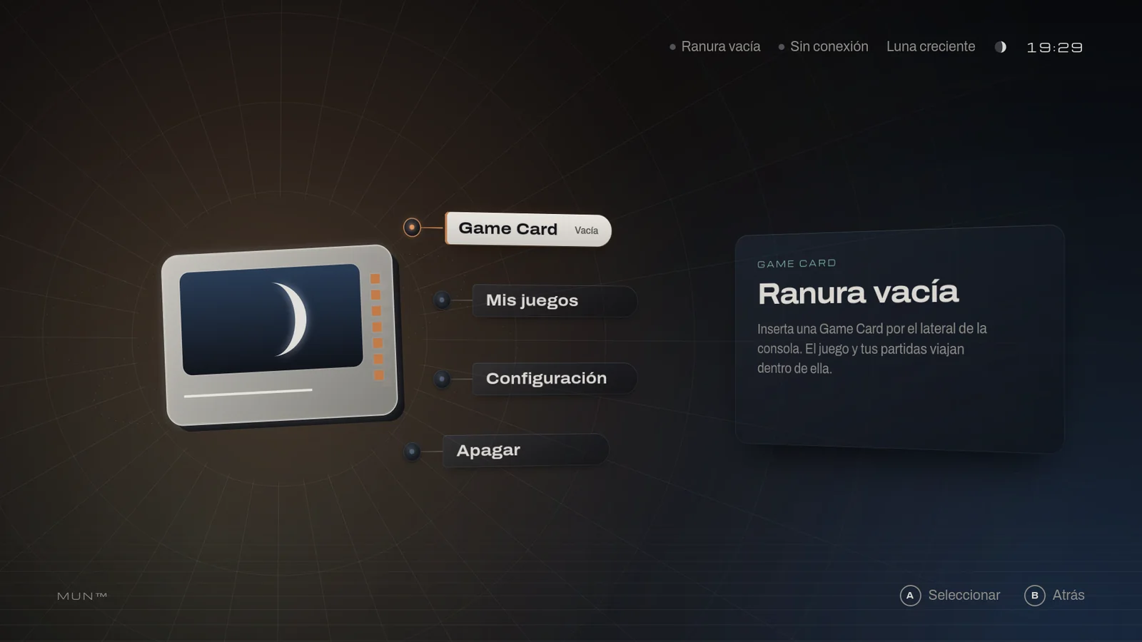La pantalla principal de MUN OS sin tarjeta: Game Card, Mis juegos, Configuración y Apagar, con el panel «Ranura vacía»