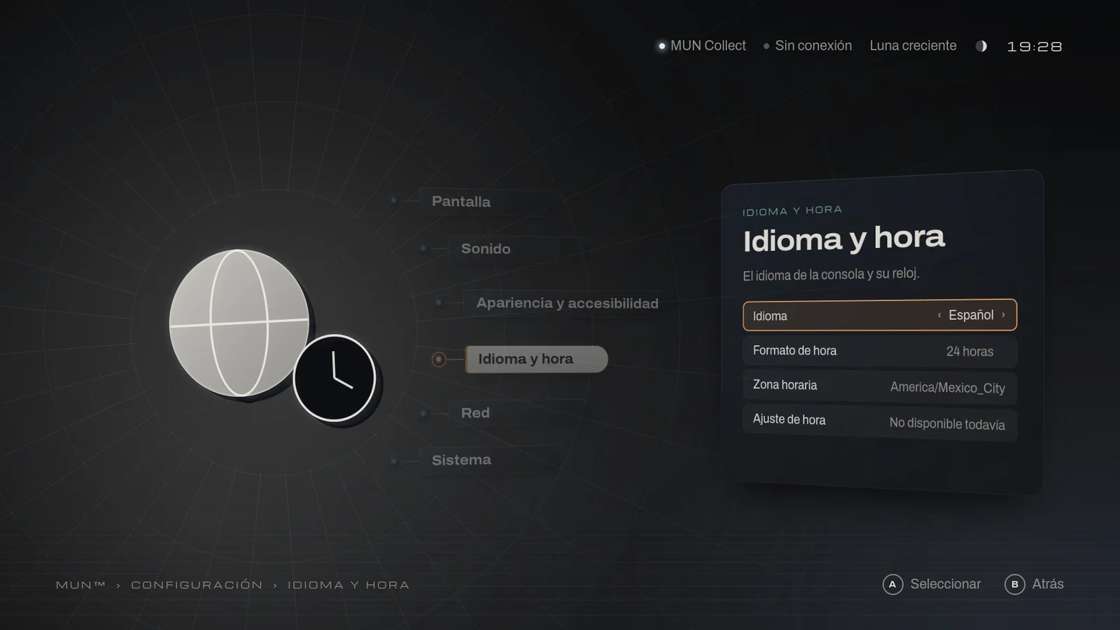 Configuración › Idioma y hora: idioma Español, formato de hora, zona horaria y ajuste de hora como no disponible todavía