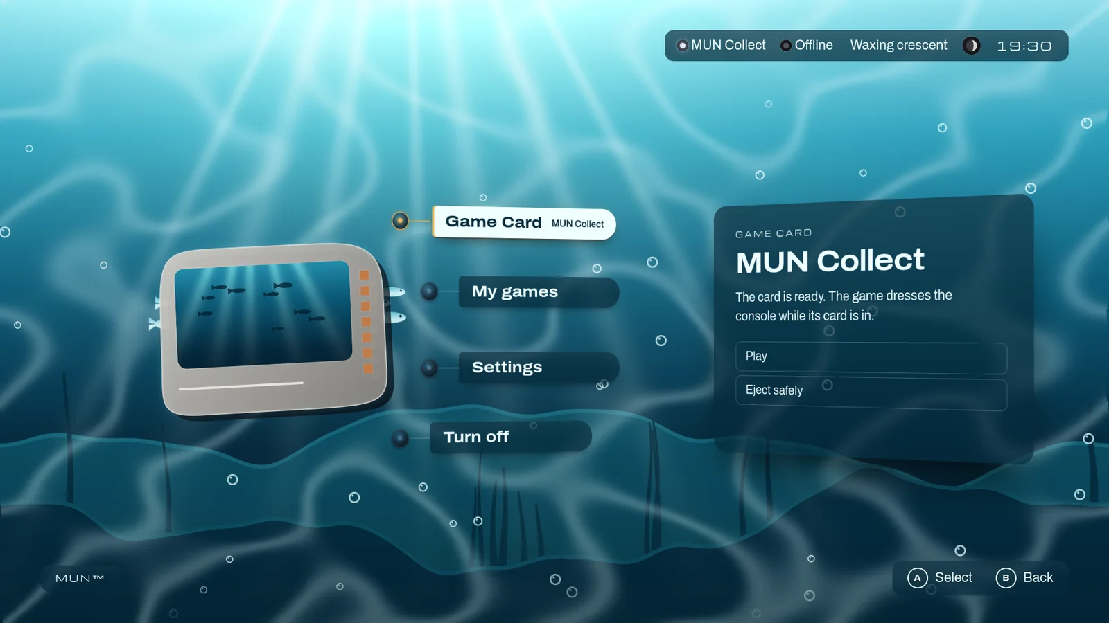 La pantalla principal en inglés con MUN Collect vestido con el ejemplo sea: un mundo bajo el agua detrás de los menús y la ficha de la Game Card en cristal