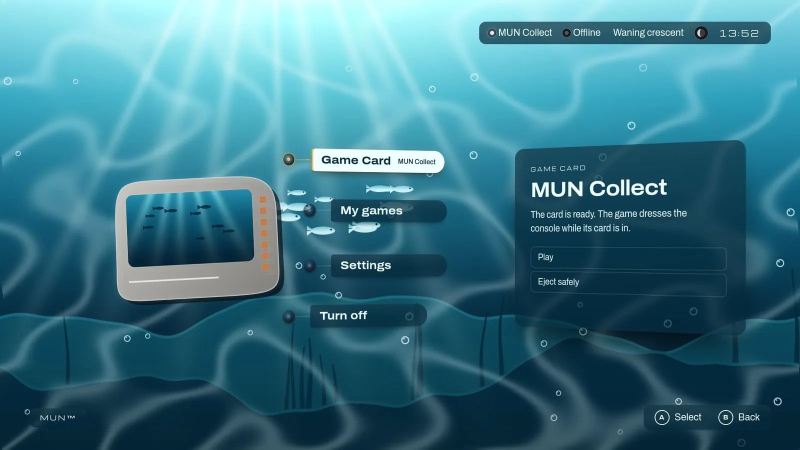 The same screen with MUN Collect dressed in the sea example: an underwater world, glass panels and the card object showing the sea